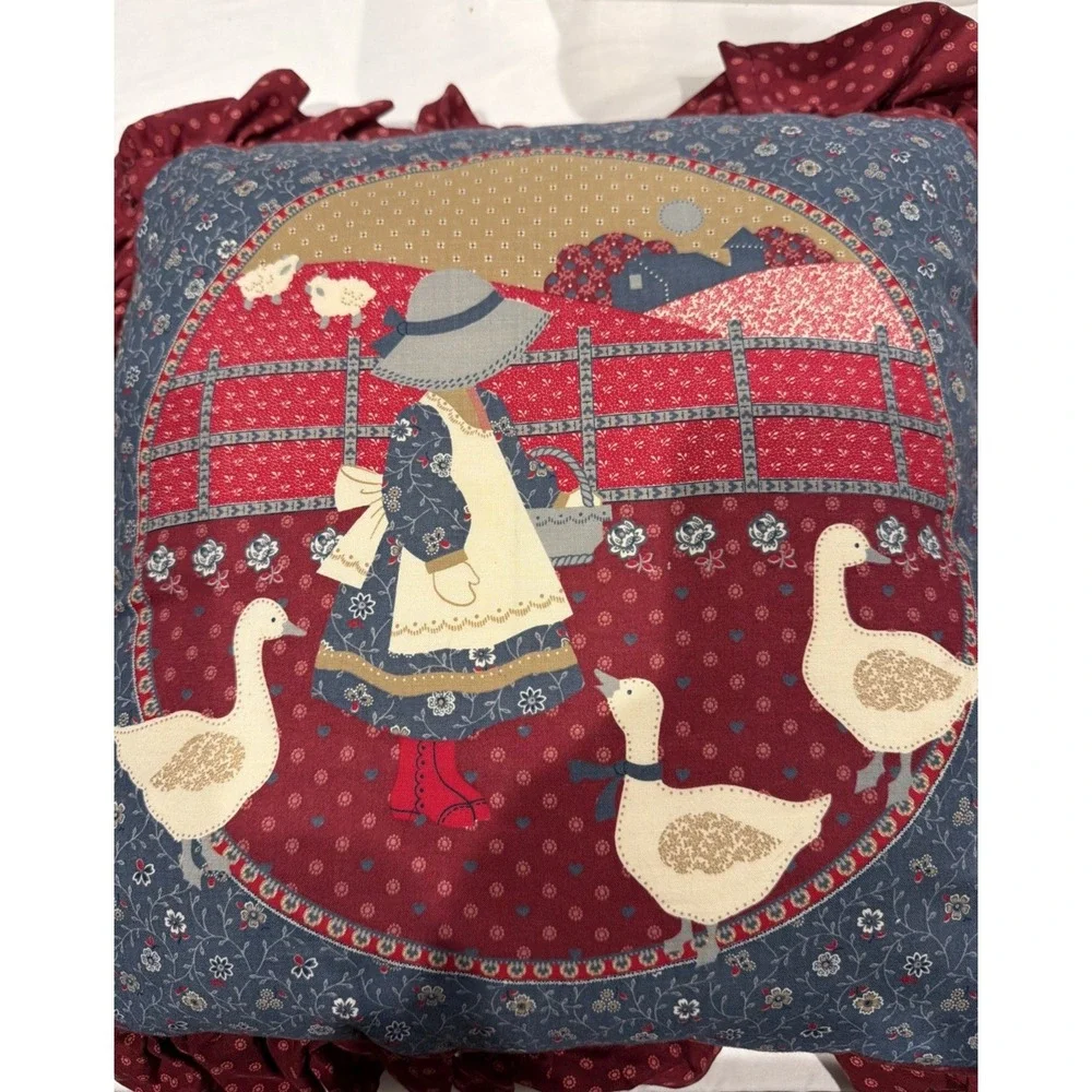 Vintage‎ Throw Pillow Girl Feeding Ducks Geese Holly Hobbie Style Cottagecore